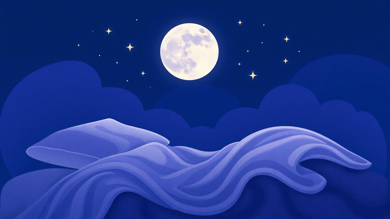 Illustration of a moonlit night sky over soft pillows